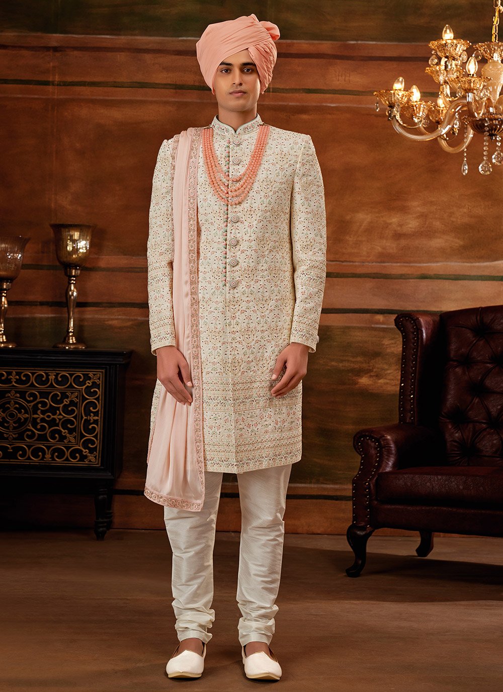 Sherwani Georgette Cream Hand Work Mens
