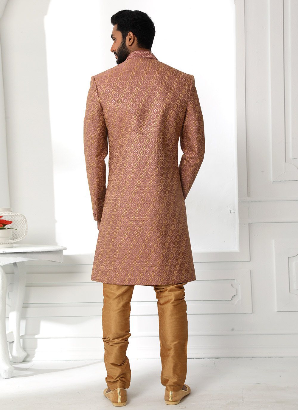 Sherwani Art Silk Maroon Machine Embroidery Mens