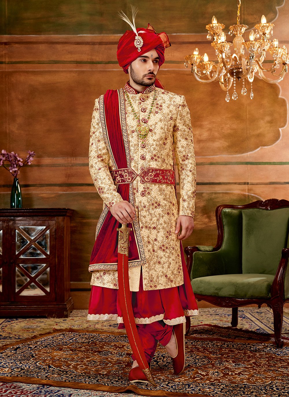 Sherwani Jacquard Beige Hand Work Mens