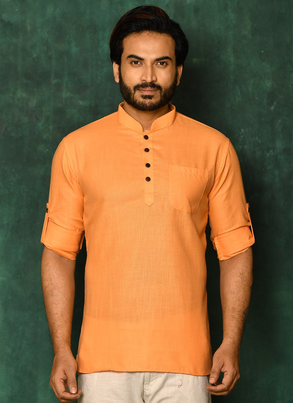 Short Kurta Cotton Peach Plain Mens