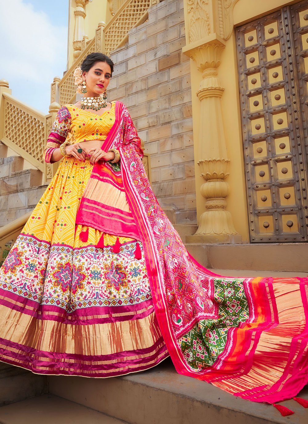 A Line Lehenga Silk Yellow Digital Print Lehenga Choli