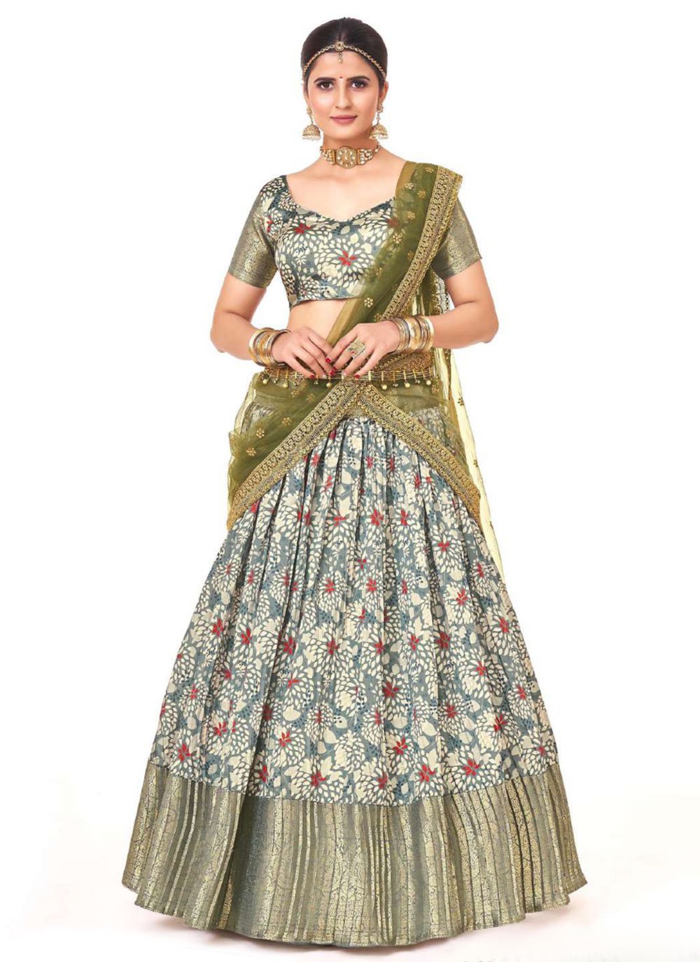 A Line Lehenga Silk Grey Digital Print Lehenga Choli