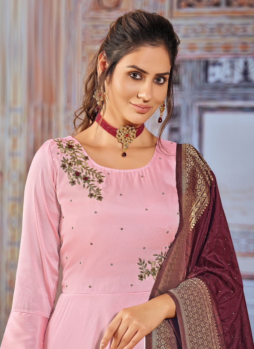 Anarkali Suit Silk Pink Embroidered Salwar Kameez