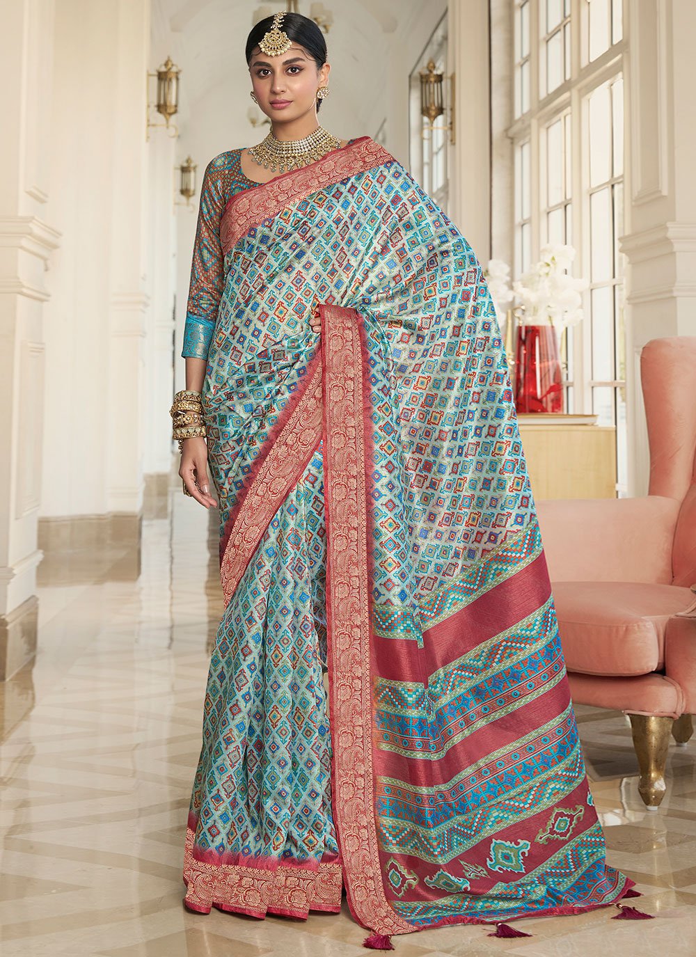 Classic Silk Aqua Blue Digital Print Saree