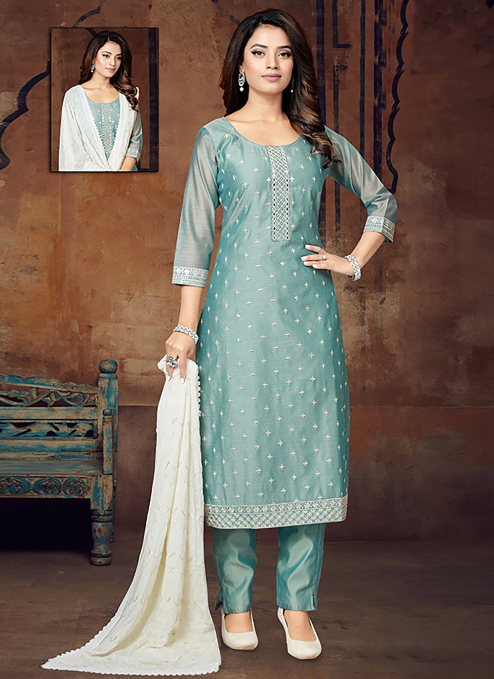 Salwar Suit Silk Aqua Blue Crystals Salwar Kameez