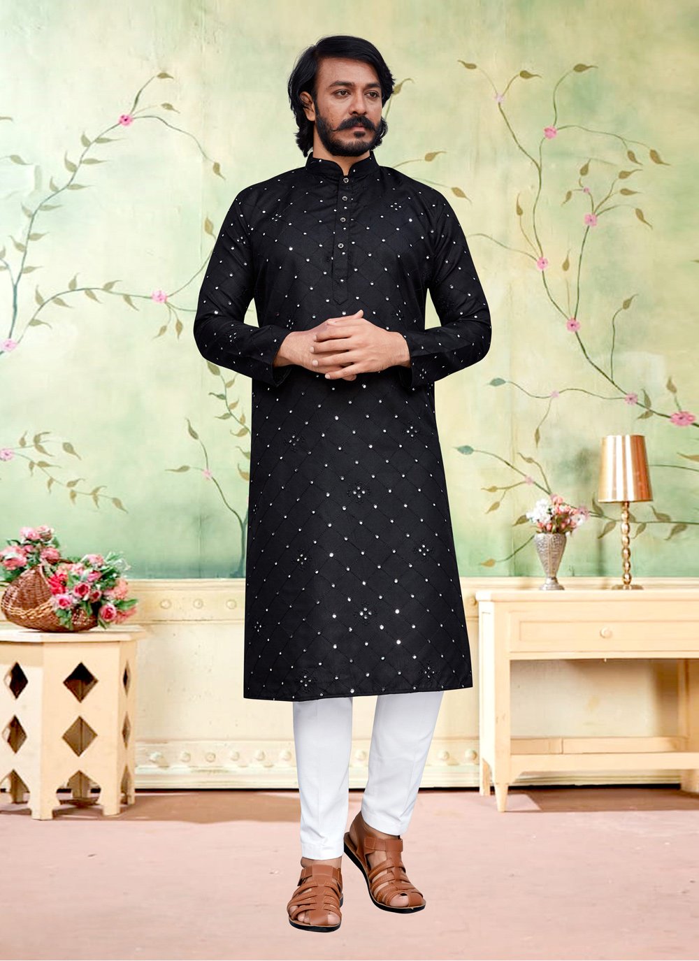 Kurta Pyjama Silk Black Embroidered Mens