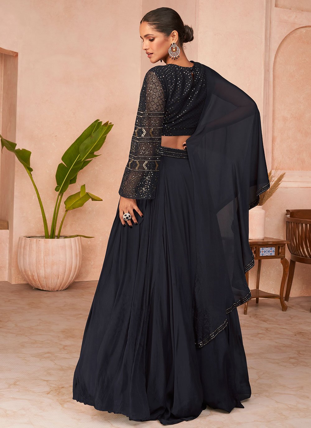 Gown Net Silk Black Embroidered Gown