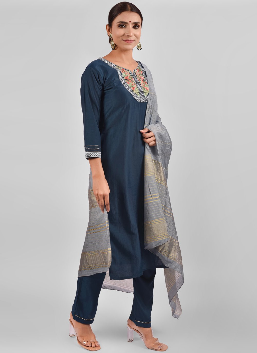 Pant Style Suit Chinon Silk Blue Fancy Work Salwar Kameez