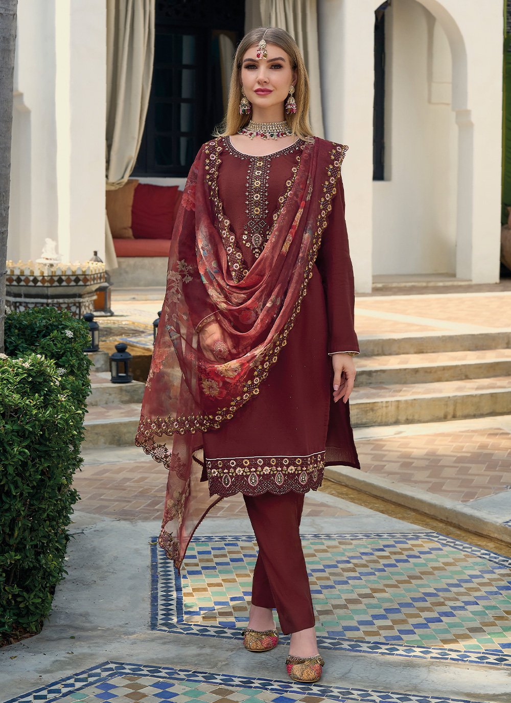 Salwar Suit Silk Viscose Burgundy Embroidered Salwar Kameez