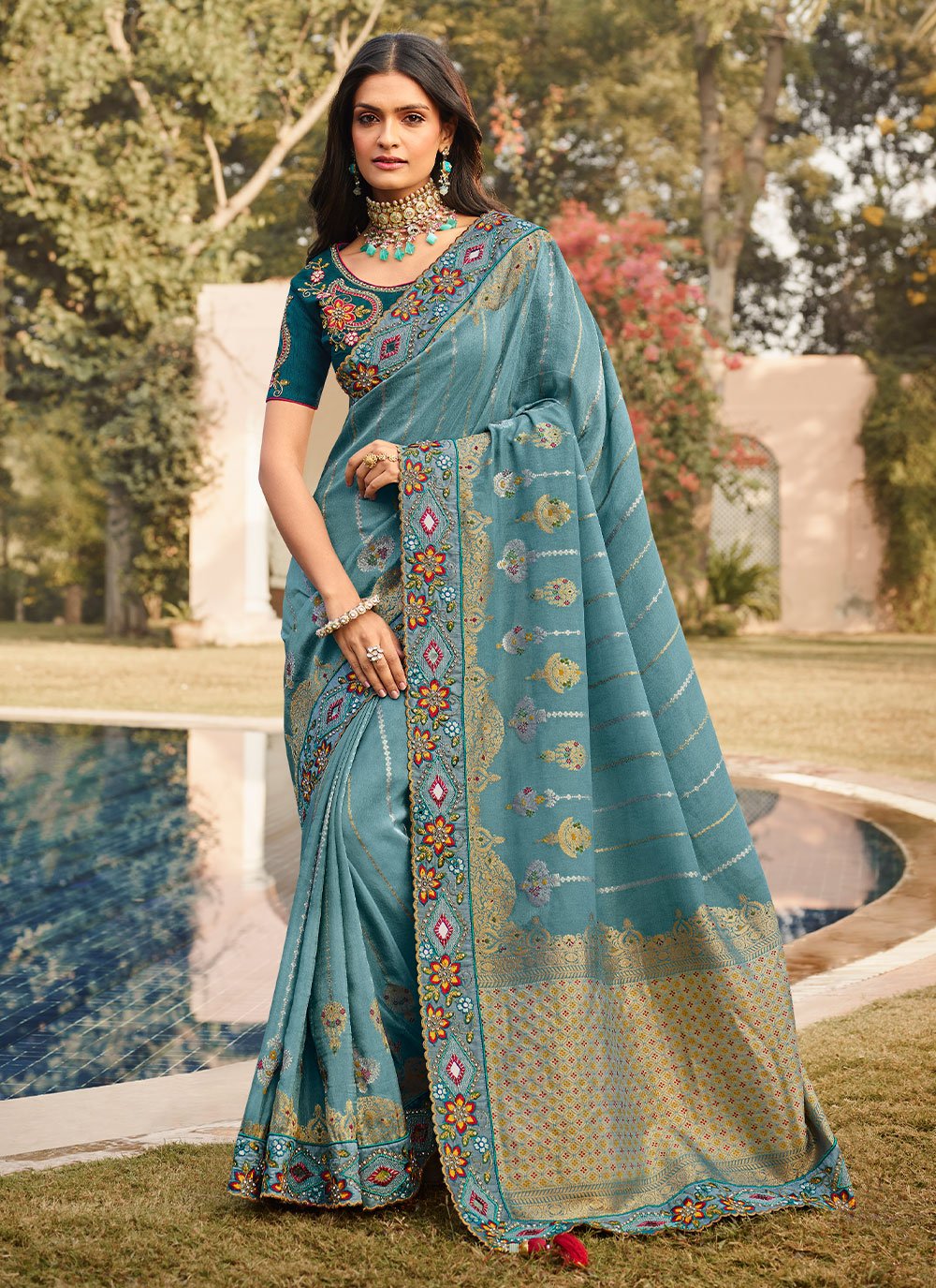 Classic Silk Aqua Blue Patch Border Saree