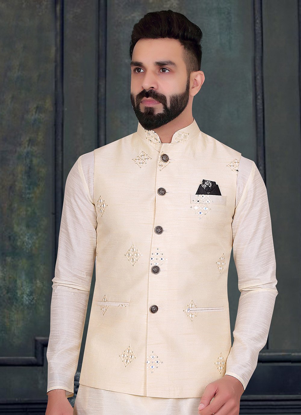 Nehru Jackets Silk Cream Embroidered Mens