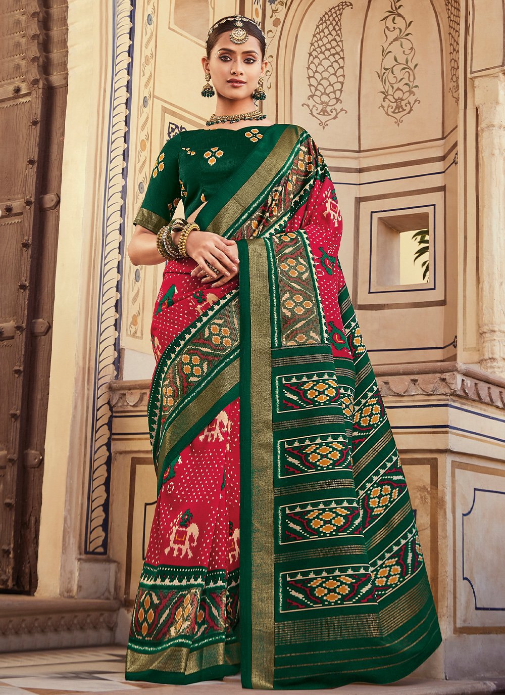 Classic Silk Crimson Green Patola Print Saree