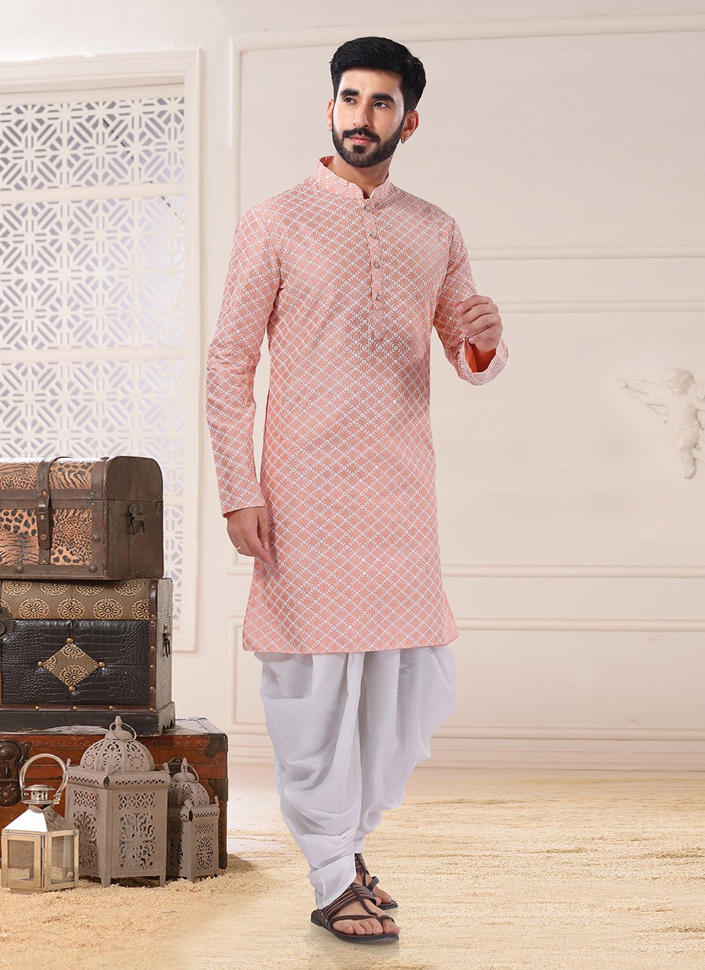 Dhoti Kurta Silk Peach Embroidered Mens
