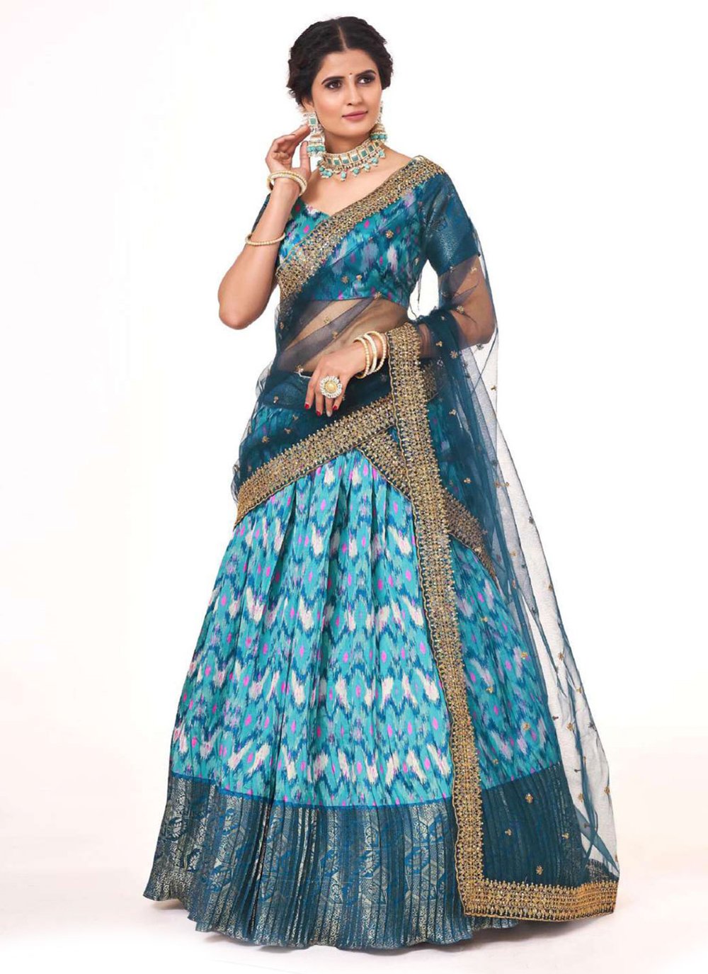 A Line Lehenga Silk Aqua Blue Digital Print Lehenga Choli