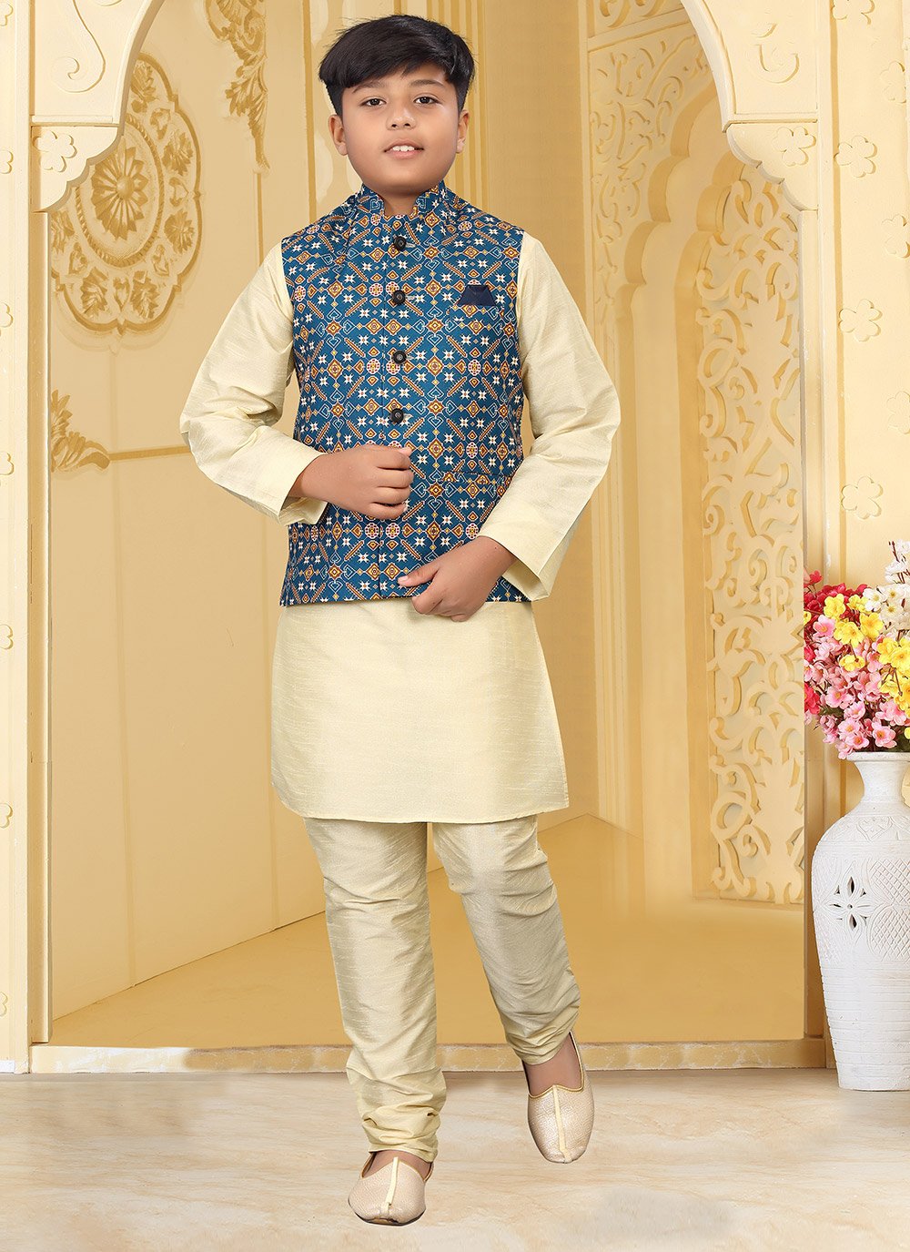 Kurta Payjama With Jacket Silk Cream Multi Colour Digital Print Kids