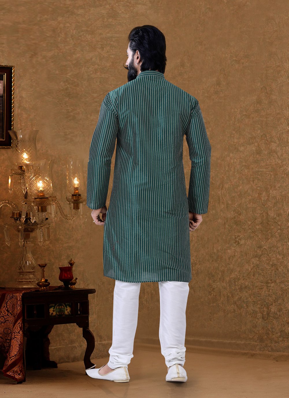 Kurta Pyjama Silk Green Digital Print Mens