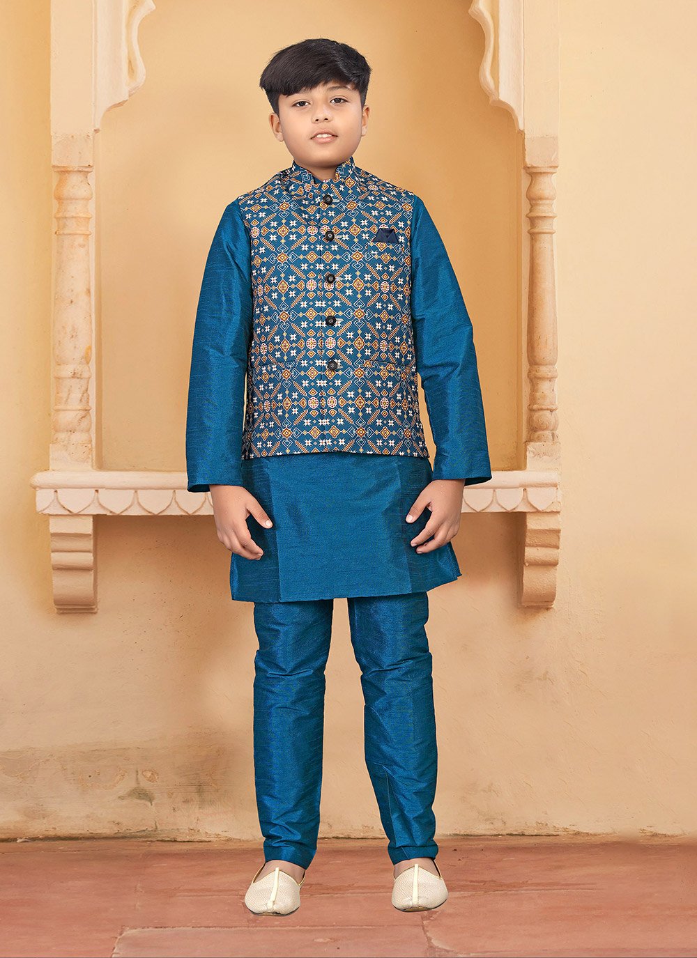 Kurta Payjama With Jacket Silk Multi Colour Teal Digital Print Kids