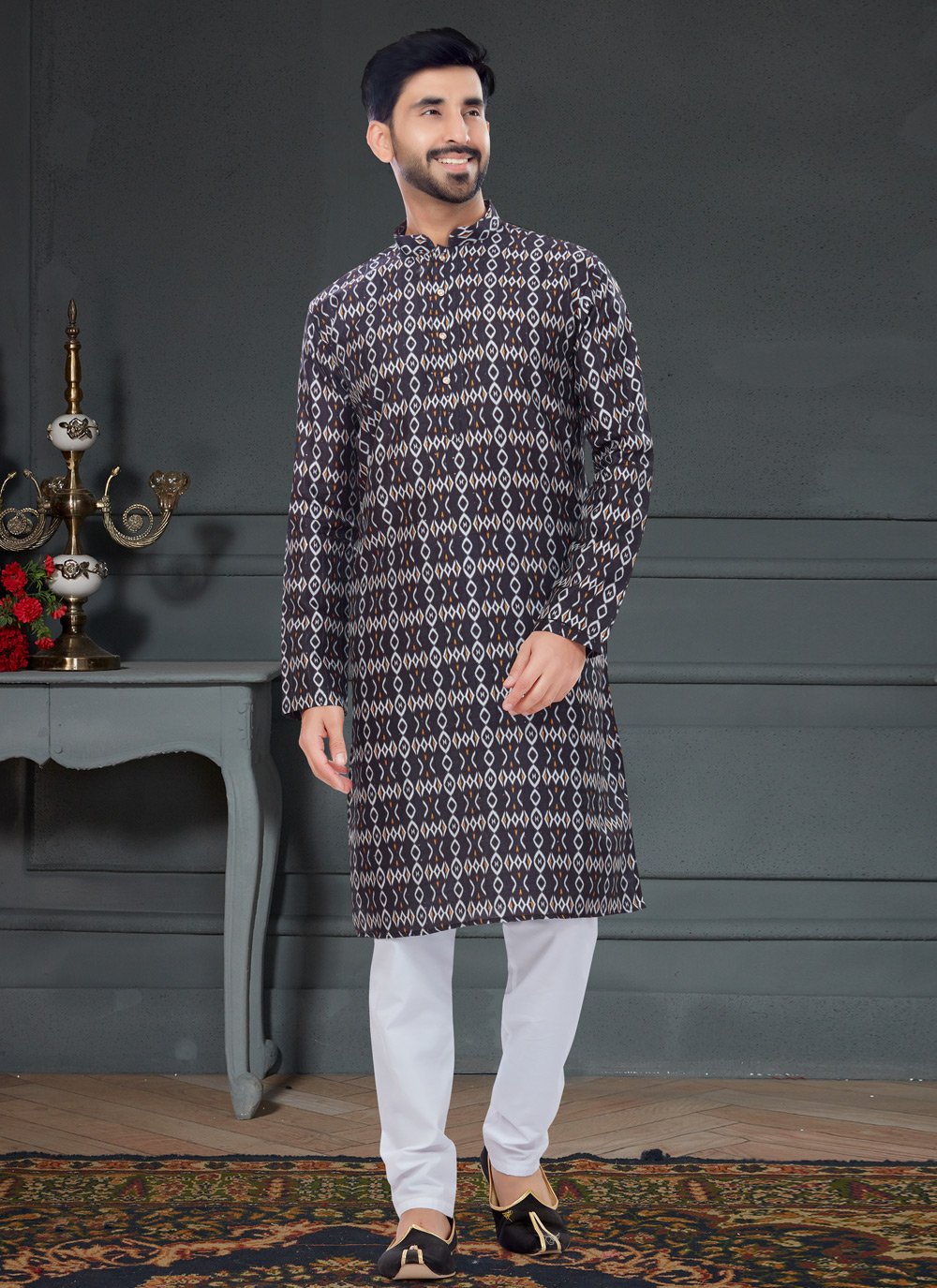 Kurta Pyjama Silk Black Digital Print Mens