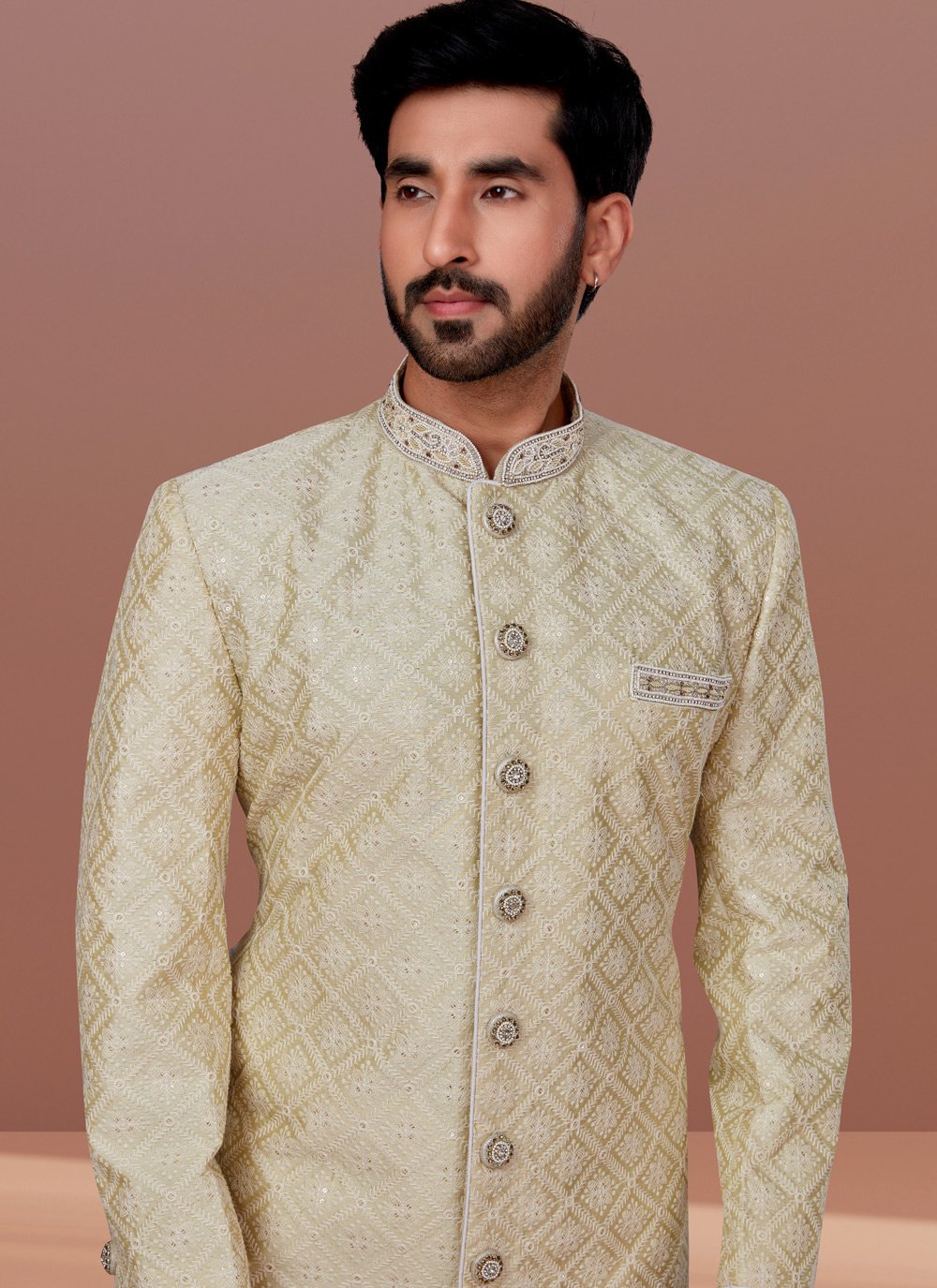 Indo Western Silk Green Embroidered Mens