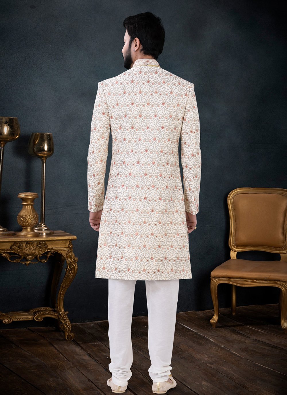 Indo Western Sherwani Silk Cream Embroidered Mens