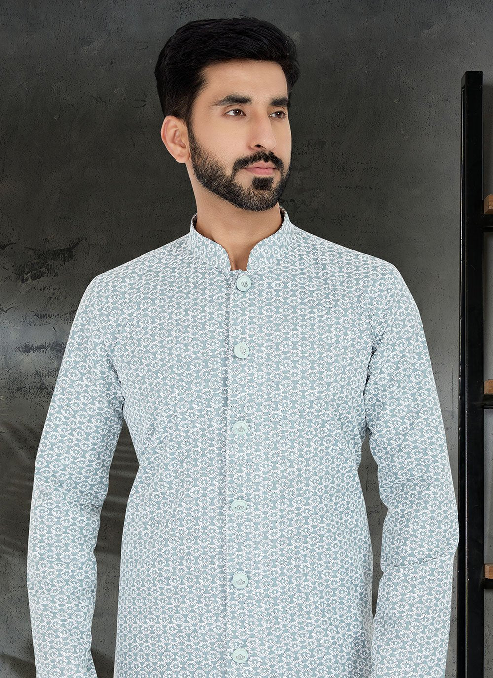 Kurta Pyjama Silk Sea Green Embroidered Mens