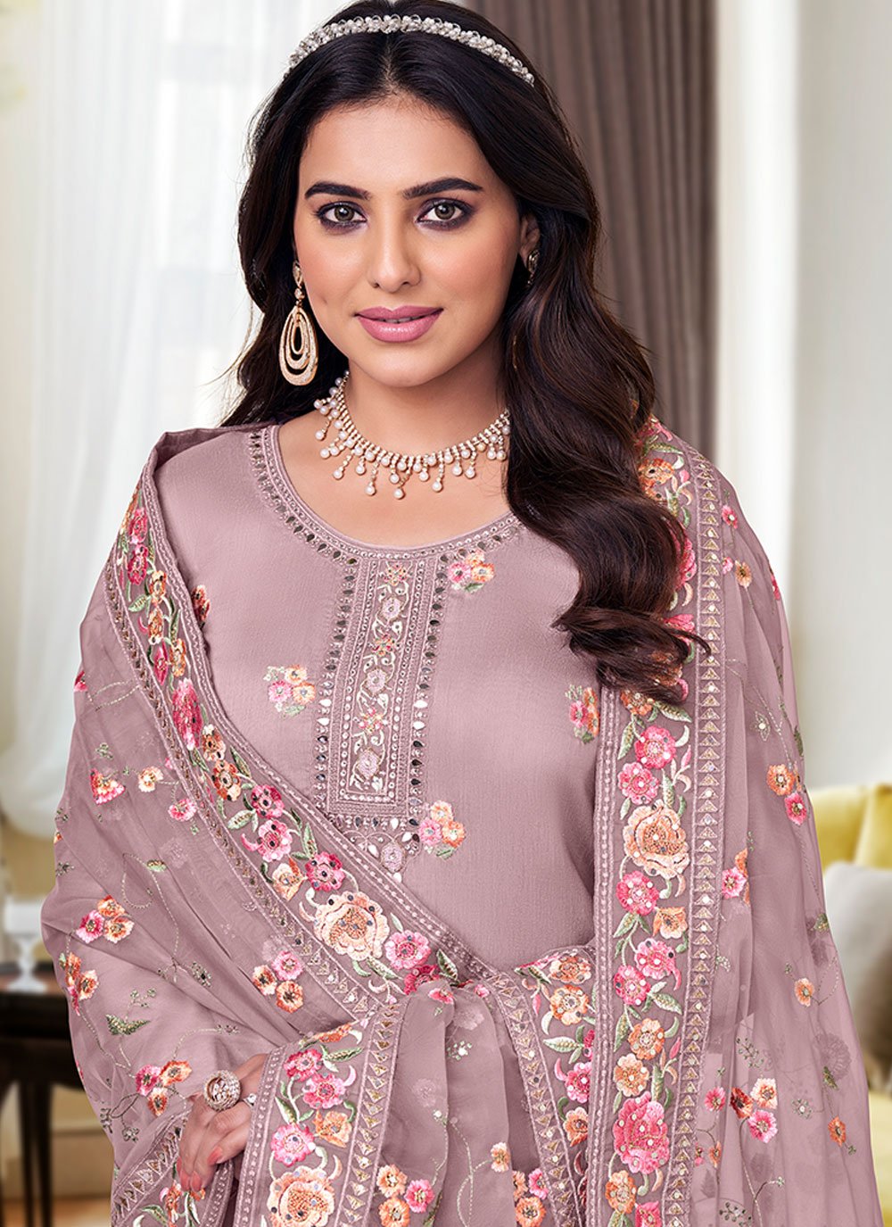 Pant Style Suit Silk Viscose Mauve Embroidered Salwar Kameez