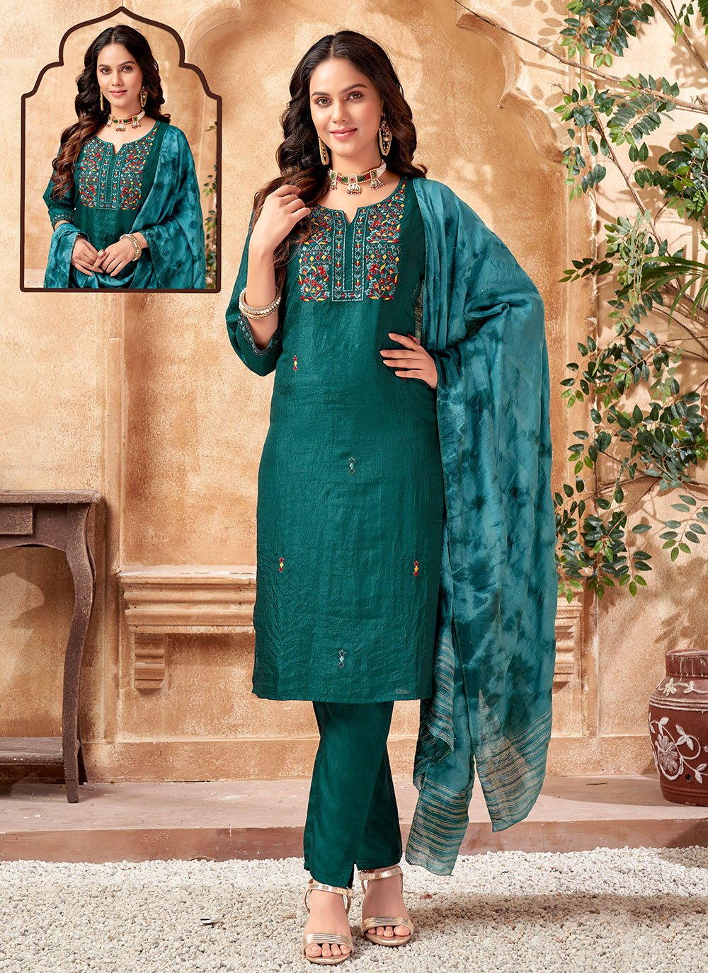 Salwar Suit Silk Green Embroidered Salwar Kameez