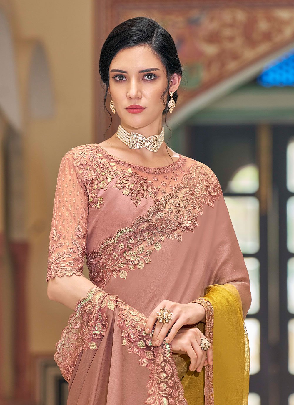 Classic Silk Peach Yellow Embroidered Saree