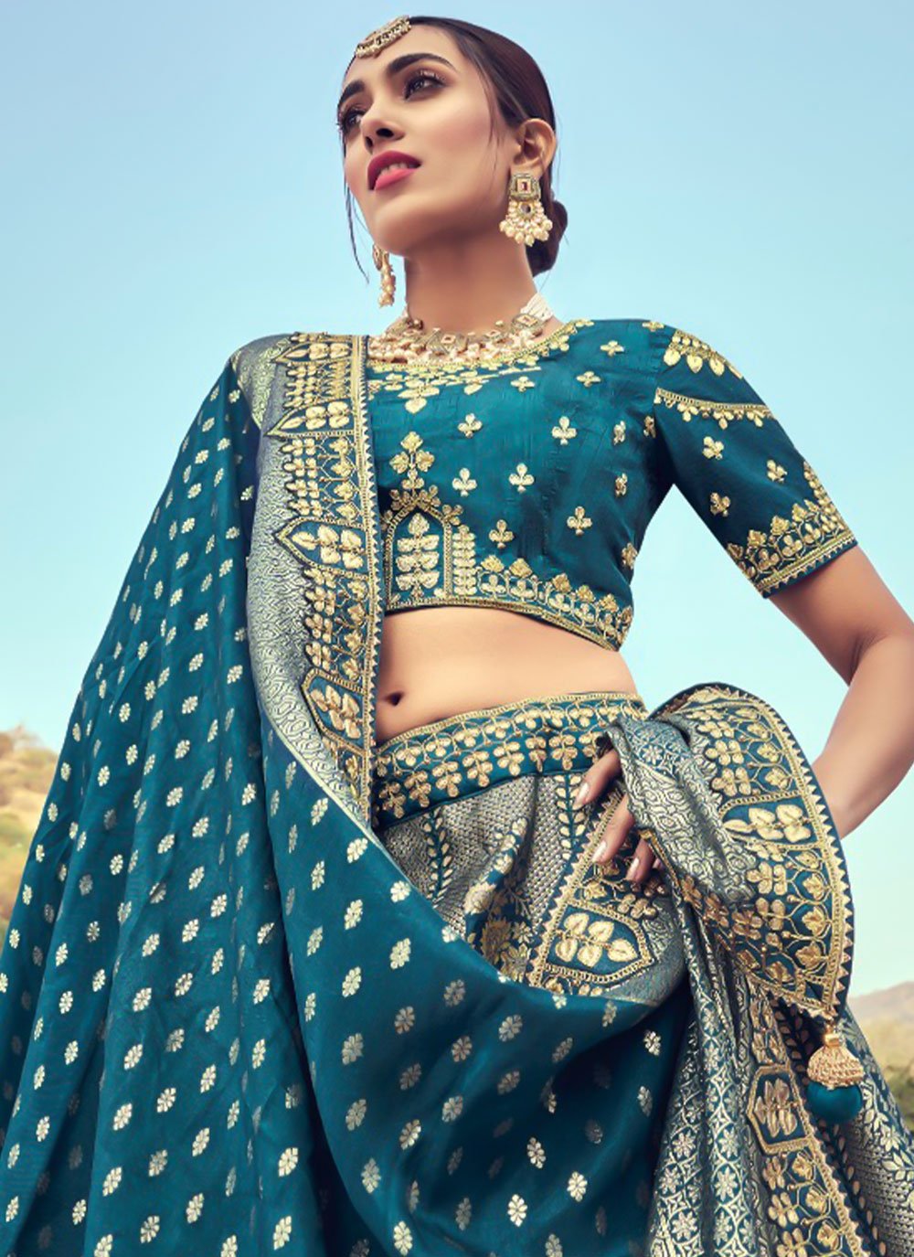 A Line Lehenga Silk Teal Beads Lehenga Choli