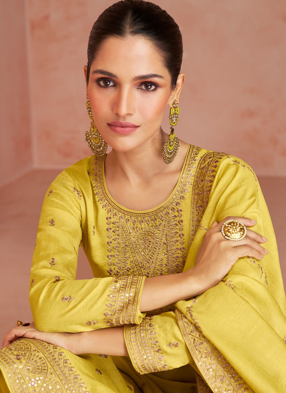 Trendy Suit Silk Yellow Embroidered Salwar Kameez