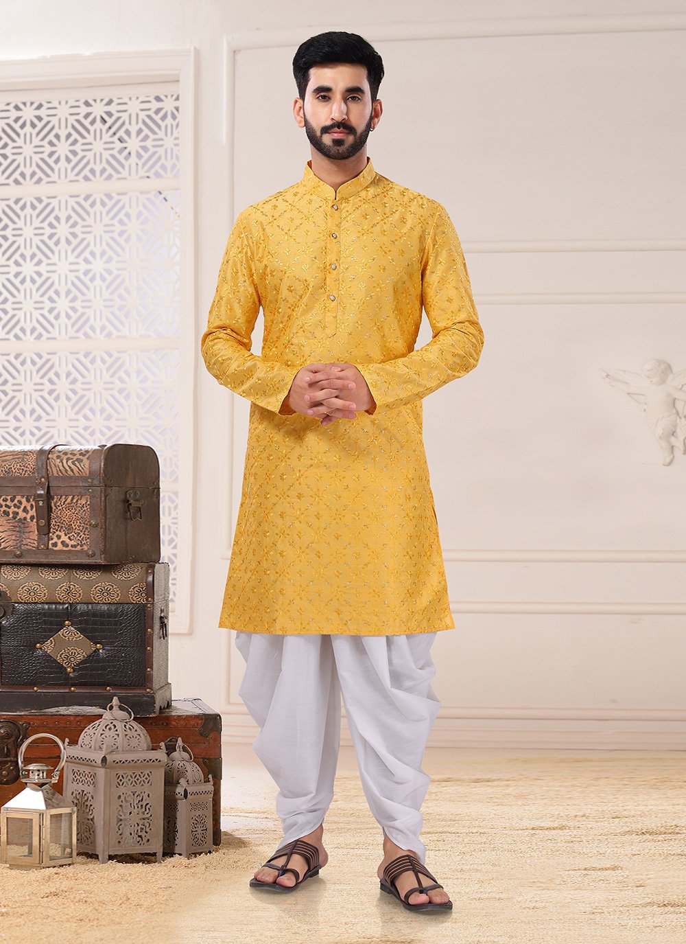 Dhoti Kurta Silk Yellow Embroidered Mens