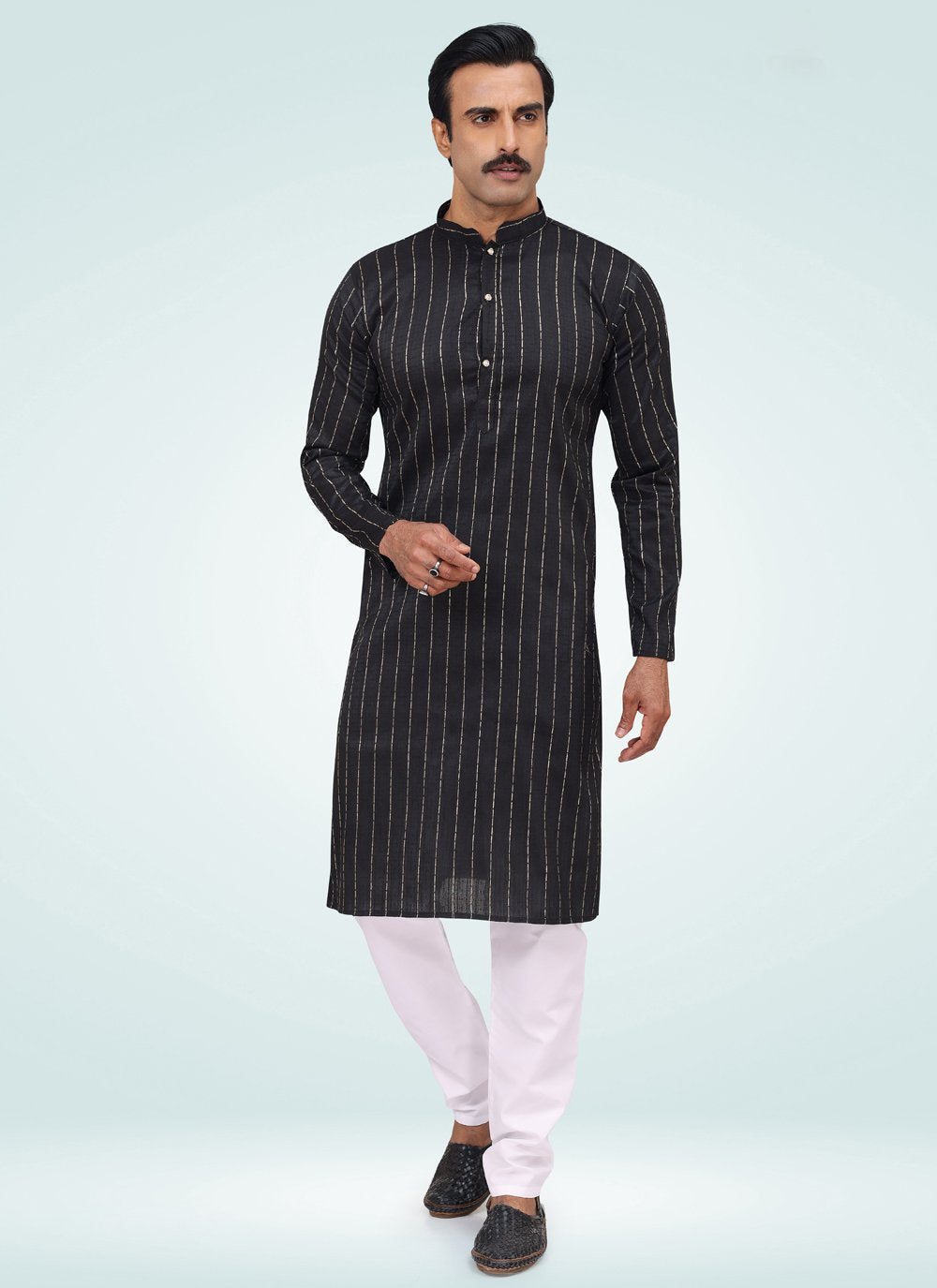 Kurta Pyjama Silk Black Fancy Work Mens