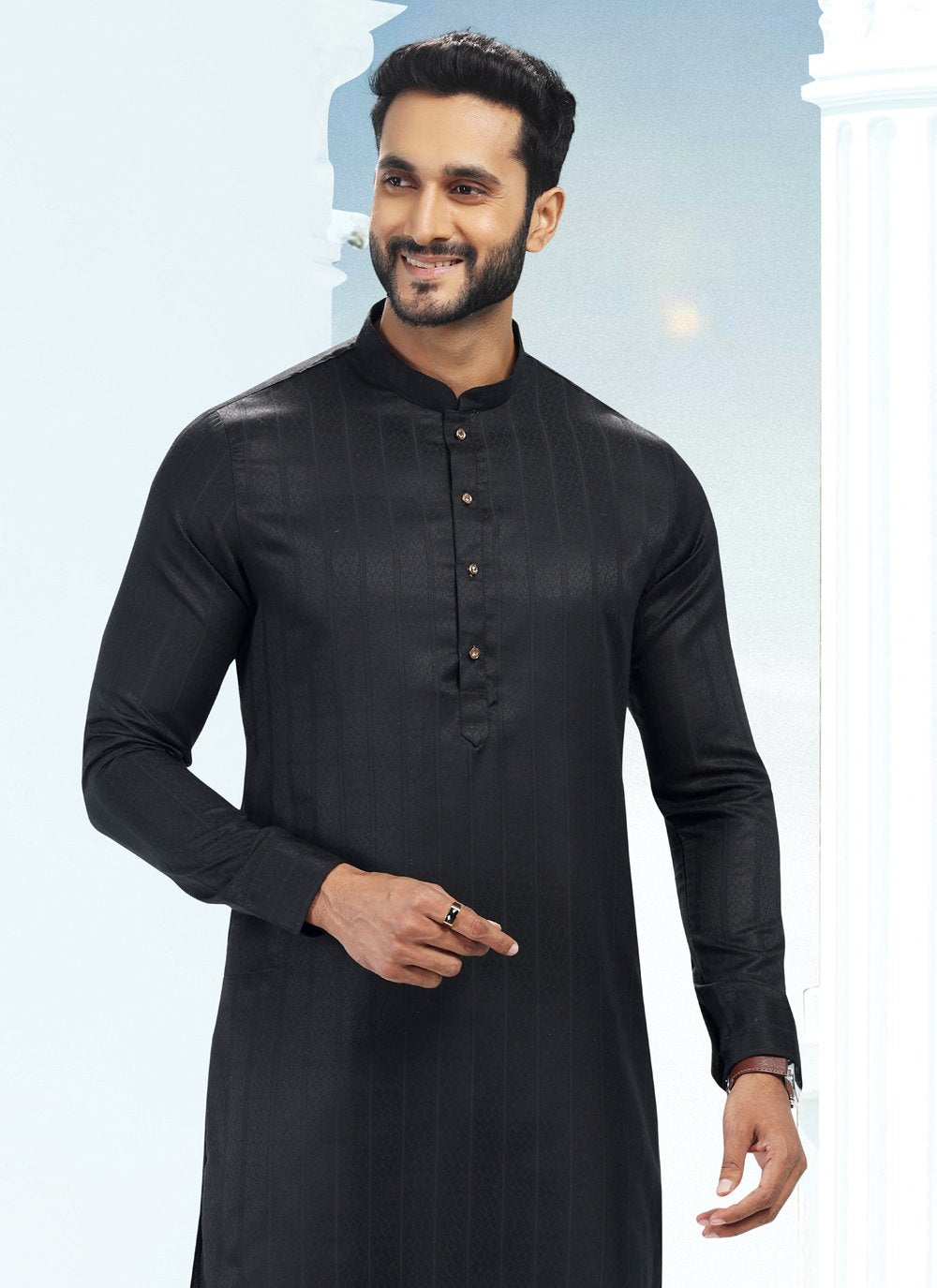 Kurta Pyjama Silk Black Fancy Work Mens