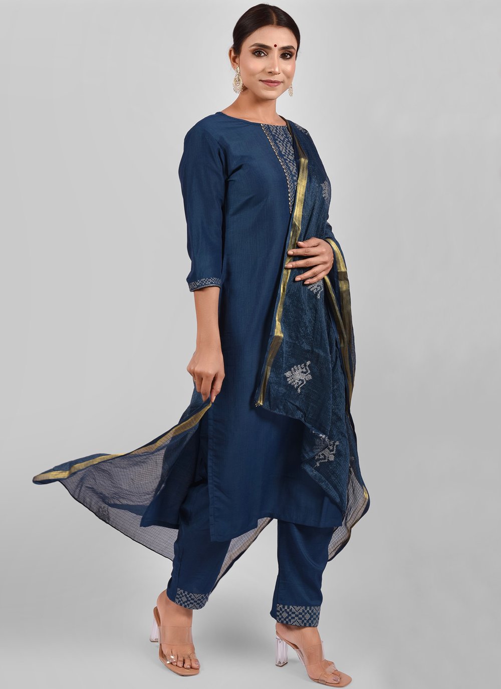 Pant Style Suit Chinon Silk Blue Fancy Work Salwar Kameez
