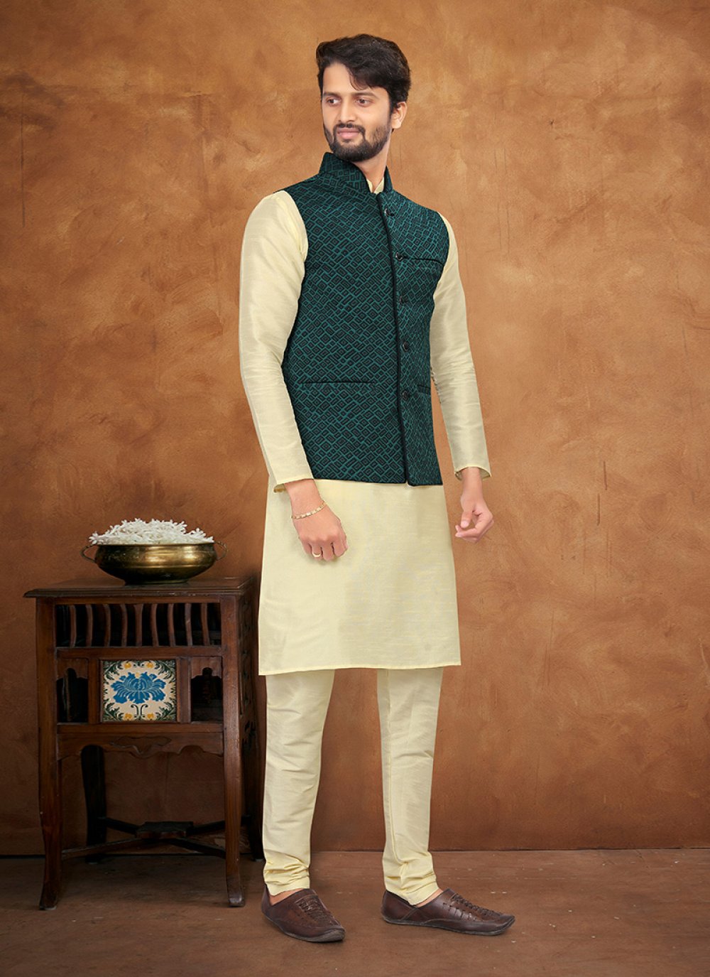 Kurta Payjama With Jacket Silk Cream Teal Fancy Work Mens