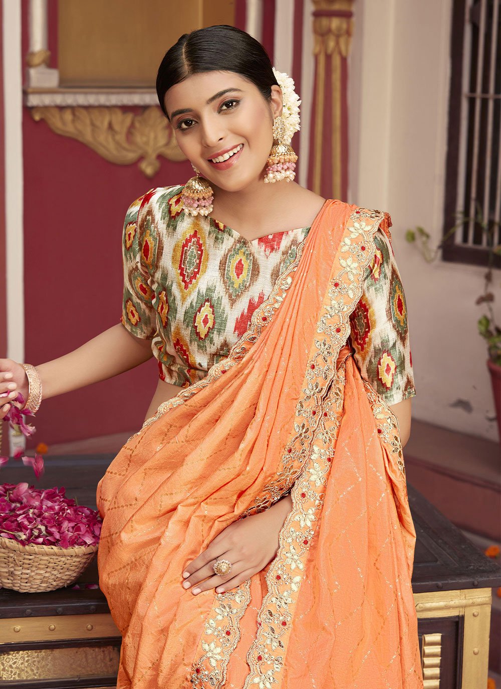 Classic Silk Peach Foil Print Saree