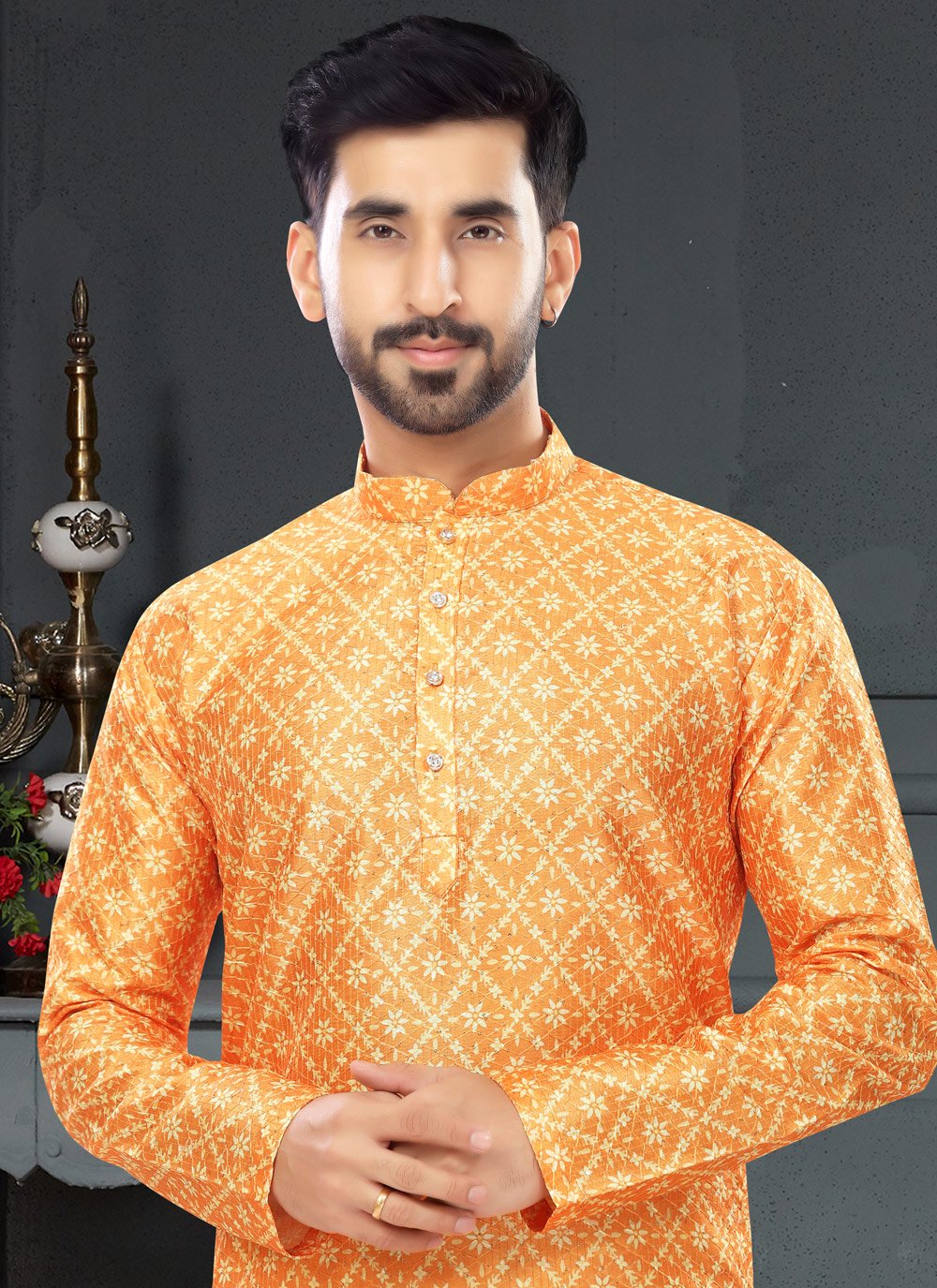 Kurta Pyjama Silk Gold Digital Print Mens