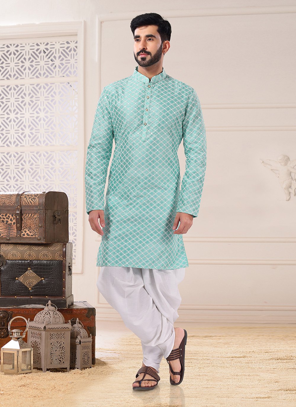 Dhoti Kurta Silk Green Embroidered Mens