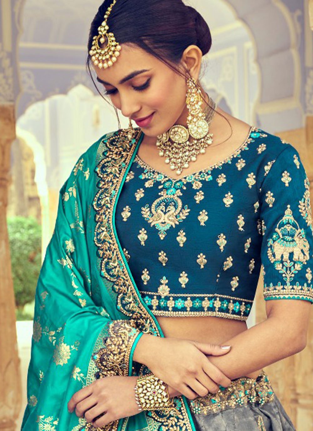 Lehenga Choli Silk Grey Teal Beads Lehenga Choli