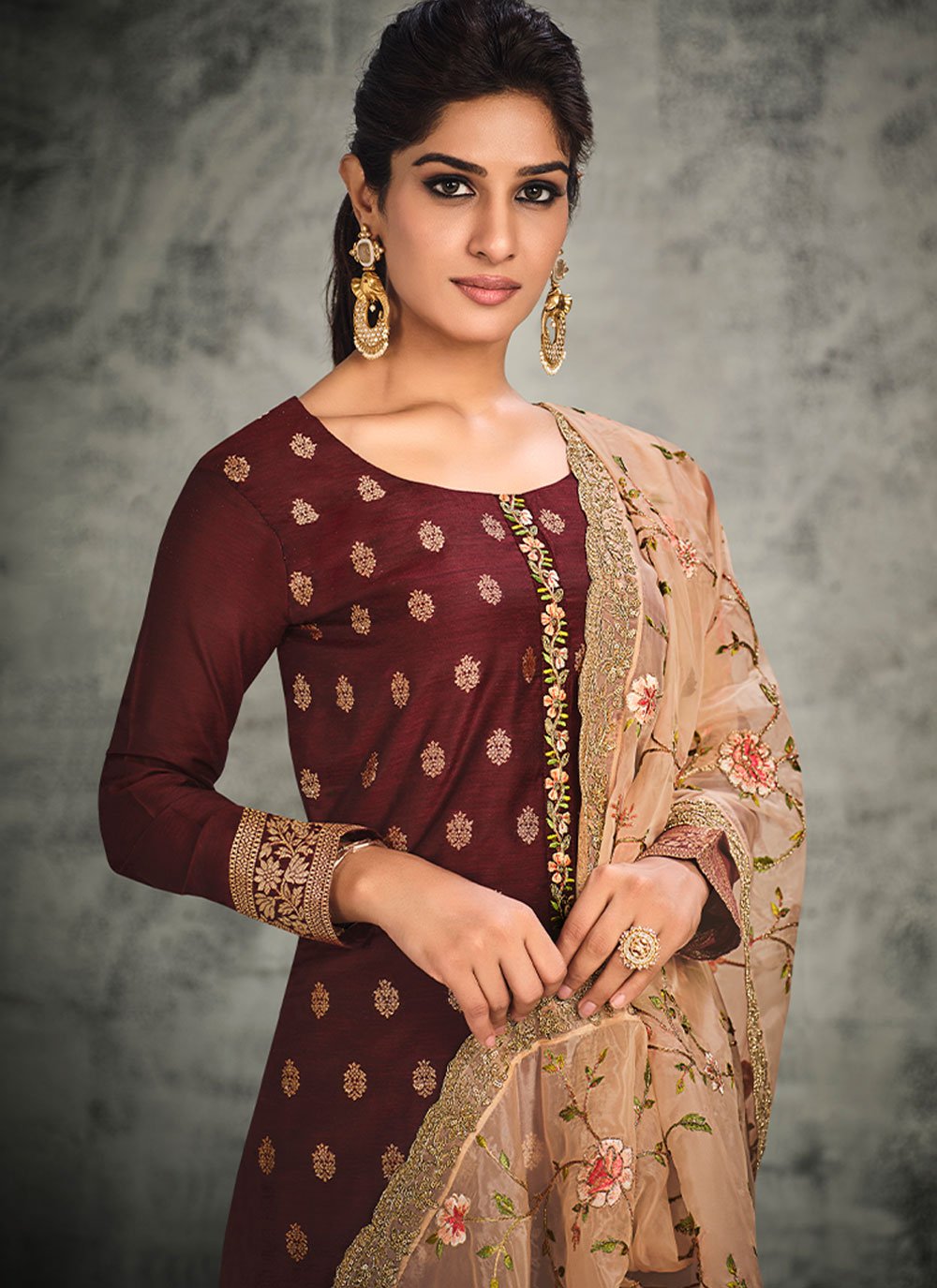 Trendy Suit Organza Silk Maroon Hand Work Salwar Kameez