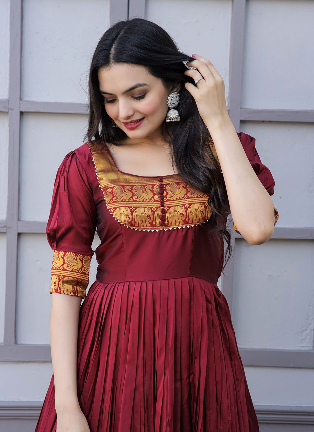 Gown Silk Maroon Jacquard Work Gown