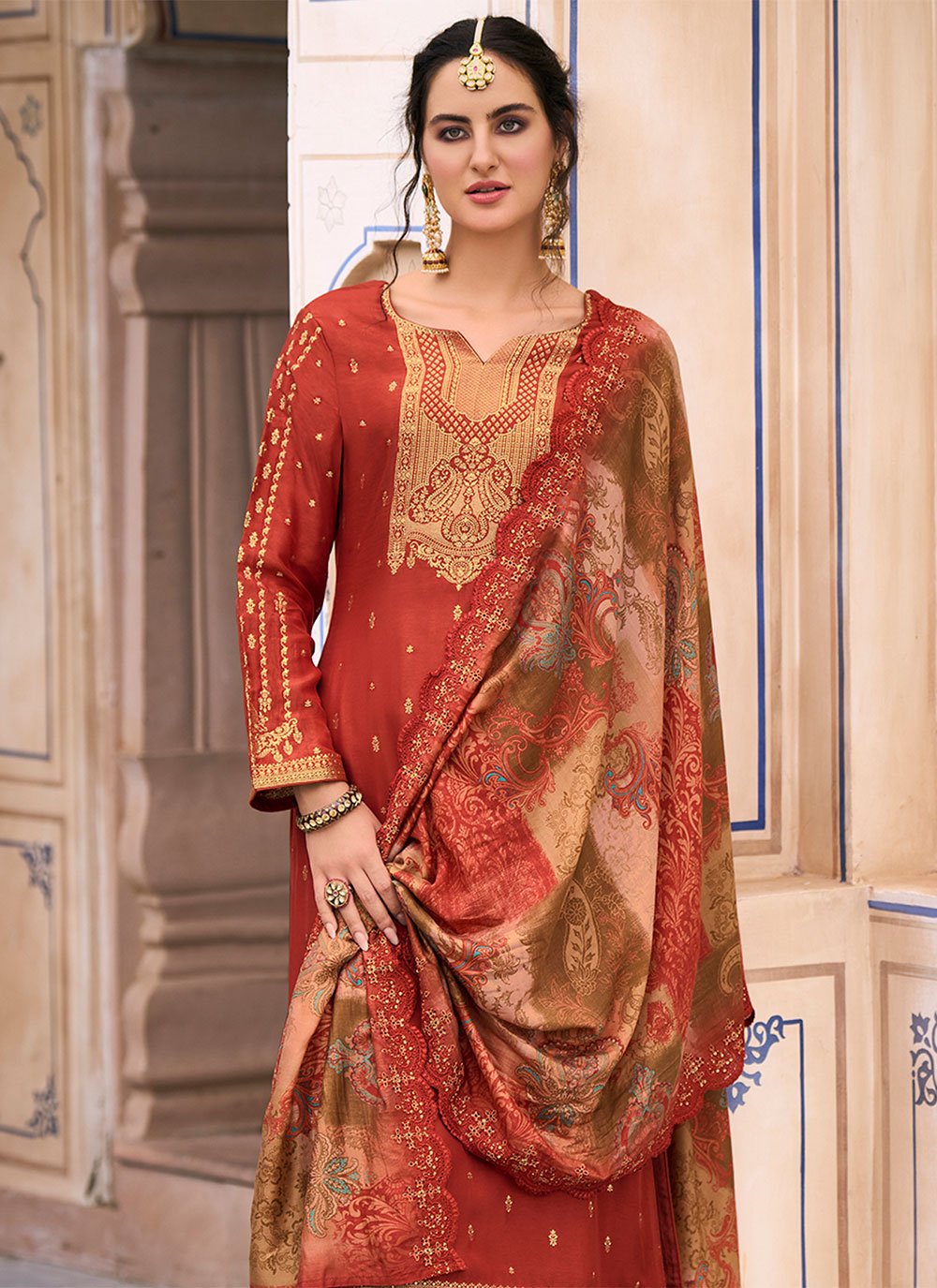 Salwar Suit Silk Rust Jacquard Work Salwar Kameez