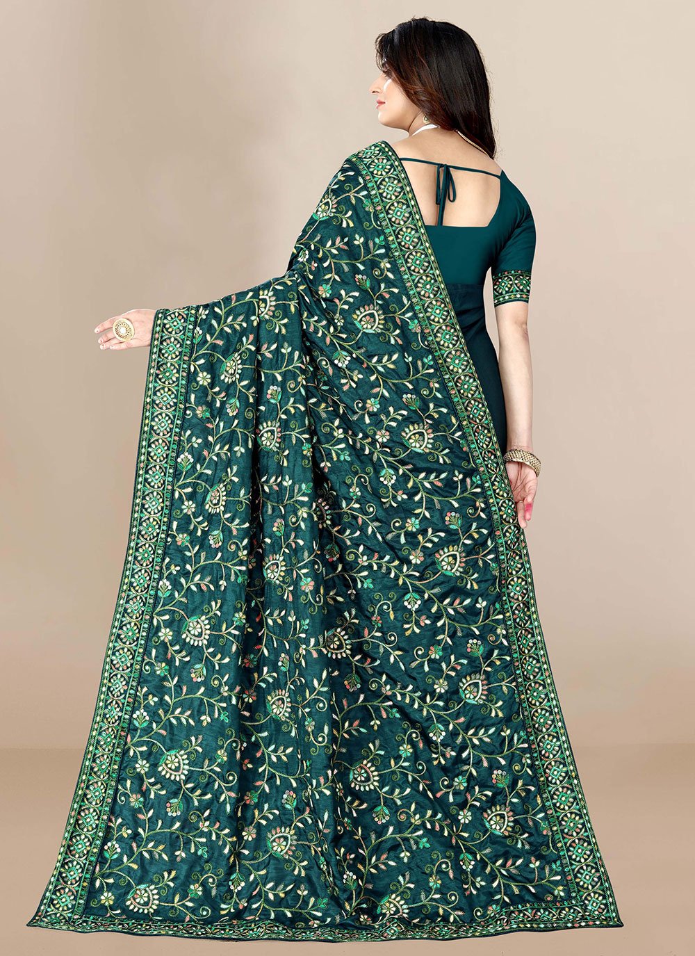 Trendy Saree Silk Teal Embroidered Saree