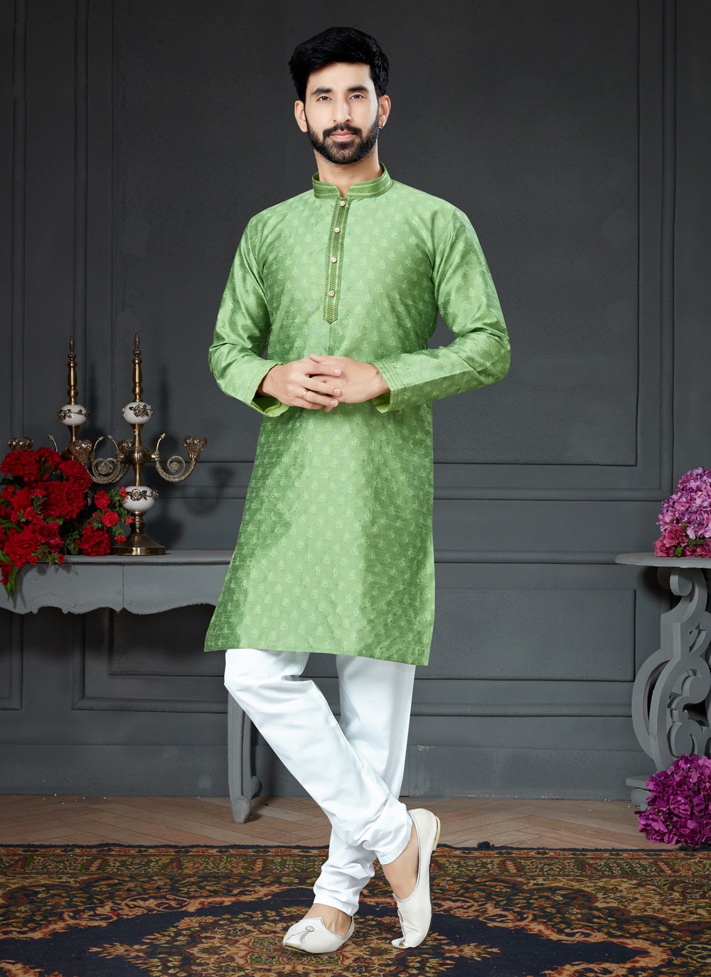 Kurta Pyjama Silk Green Embroidered Mens