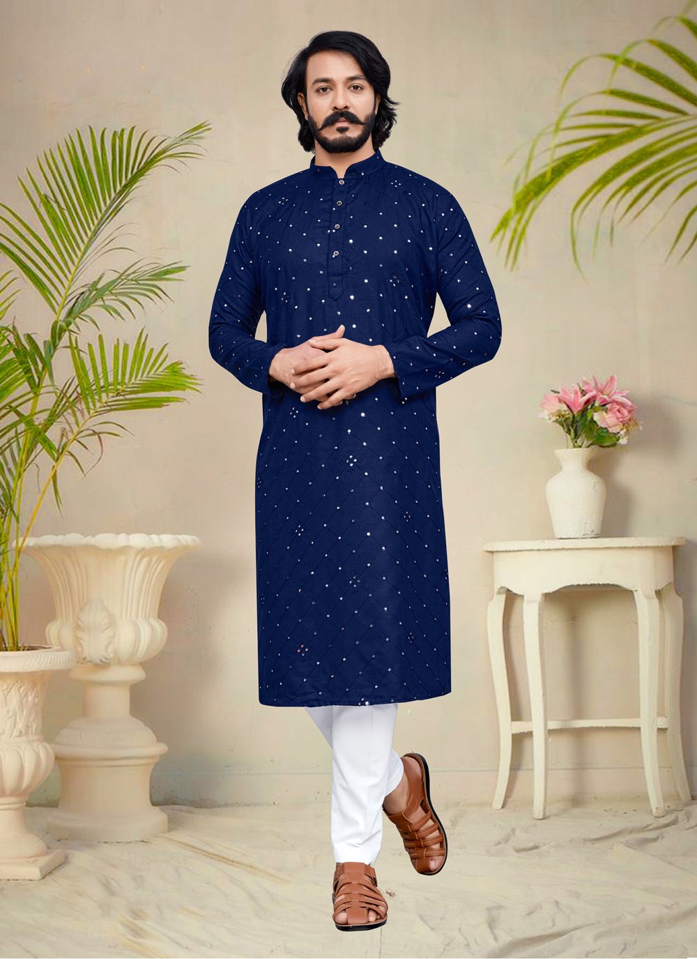 Kurta Pyjama Silk Blue Embroidered Mens