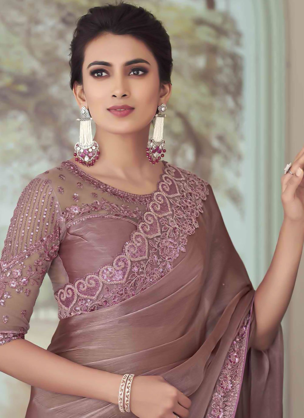 Classic Silk Mauve Embroidered Saree