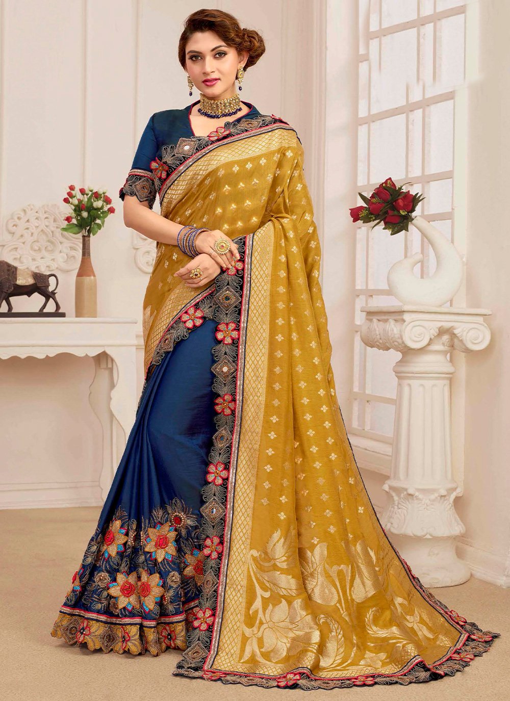 Trendy Saree Silk Mustard Teal Embroidered Saree