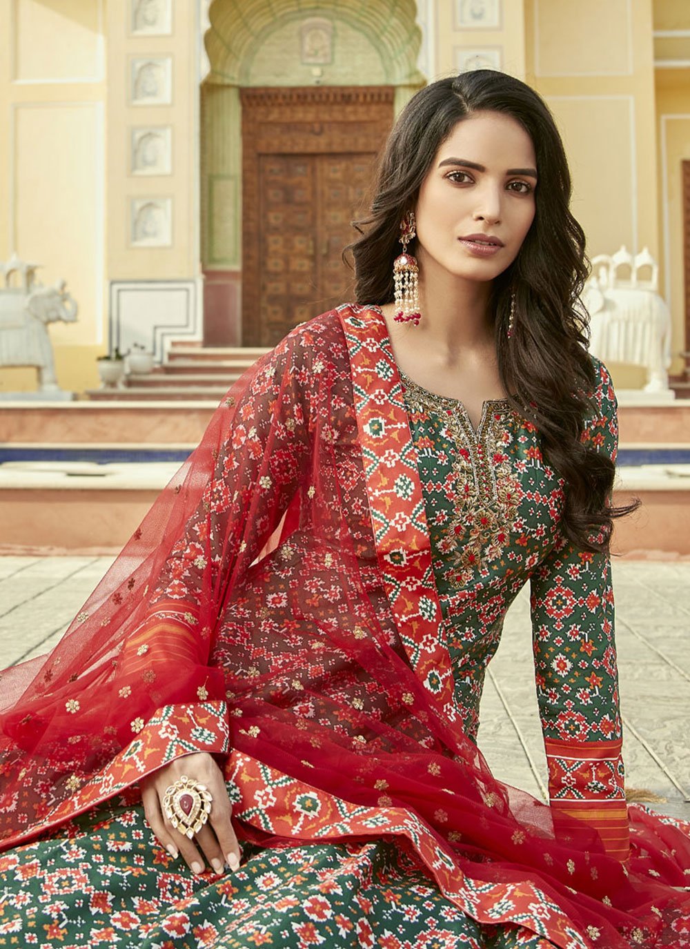 Gown Silk Green Red Patola Print Gown