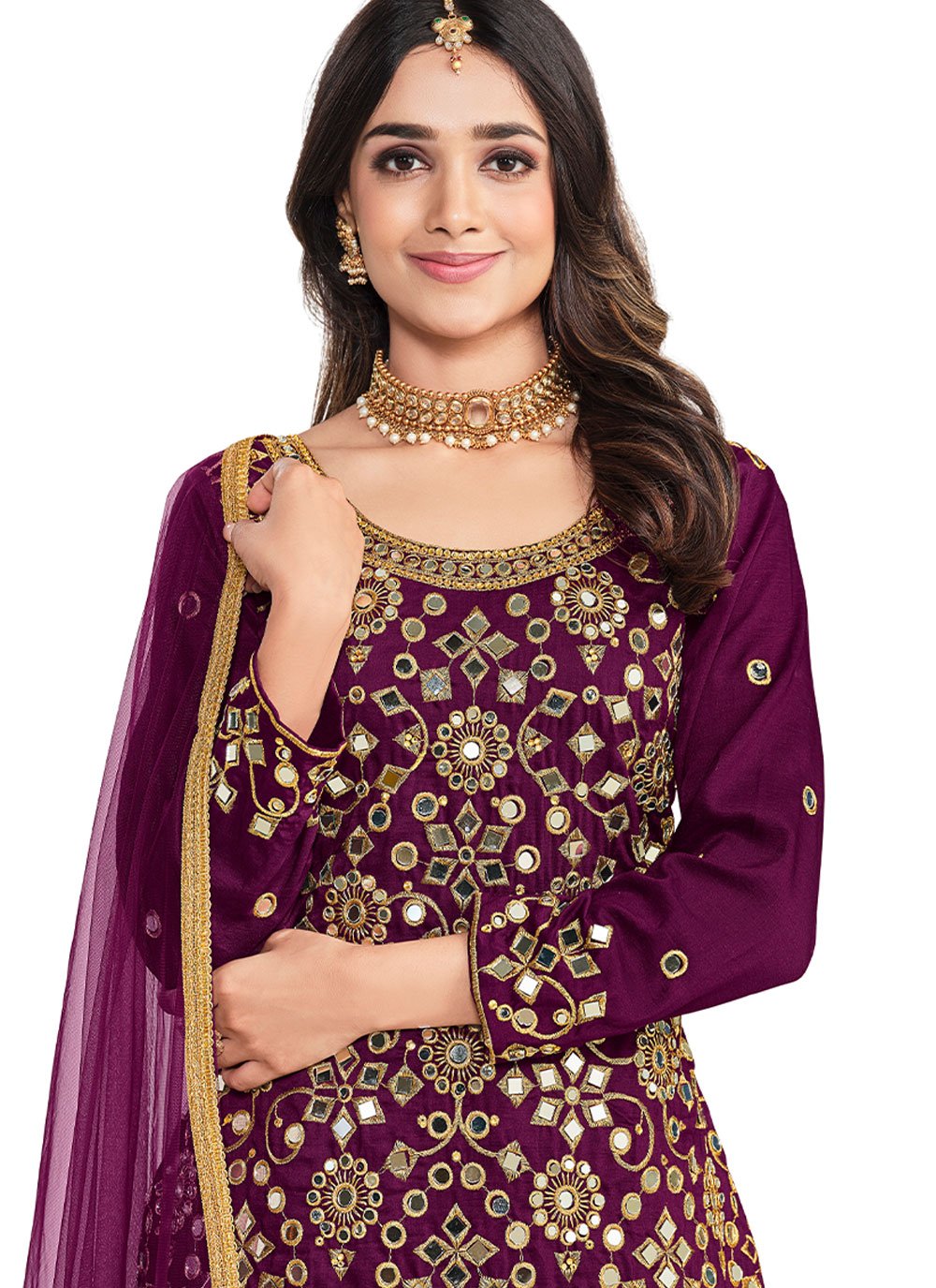 Punjabi Salwar Suit Silk Purple Embroidered Salwar Kameez