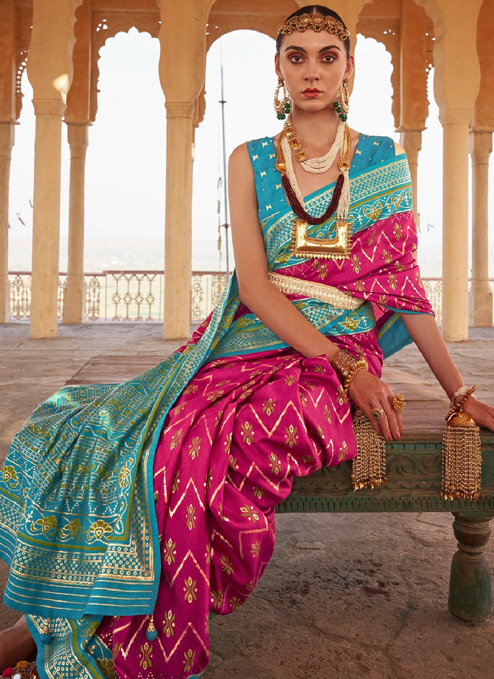 Classic Silk Rani Turquoise Patola Print Saree